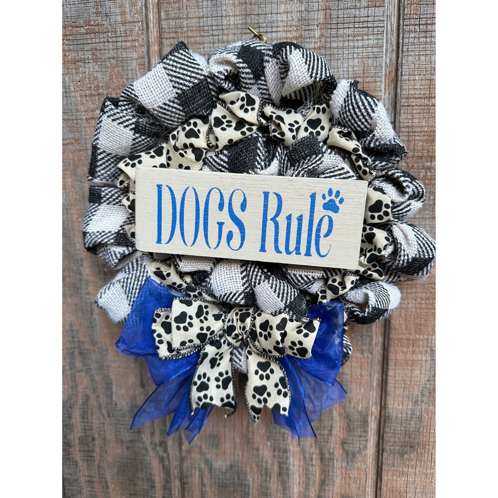 Dogs Rule Mini 11.5" Wall Hanging/Door Wreath - Black, White, Natural Burlap New